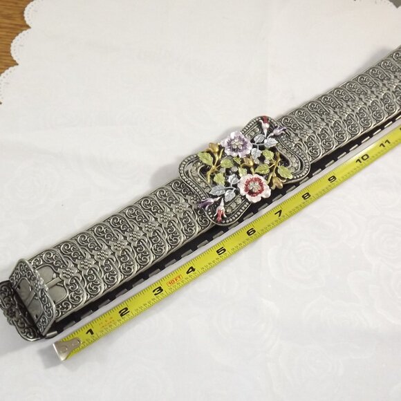 Silver Metal Stretch Belt with Green and Pastel Floral Pattern Belt Buckle - Picture 4 of 11